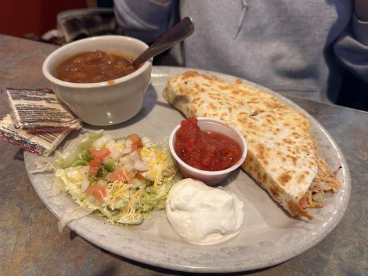 Lunch special quesadilla and cup of soup of the day