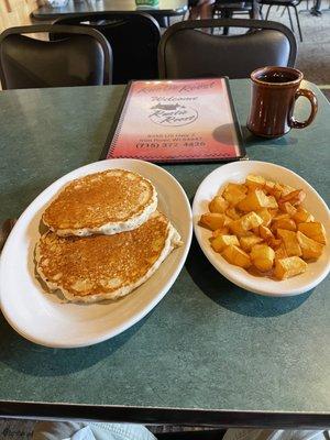 Short Stack ($3.99)and American Fries ($3.25). Very good and reasonably priced.