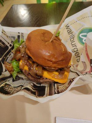 Impossible Burger with caramelized onions