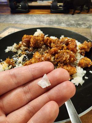 Plastic in my sesame chicken I pulled out of my mouth.