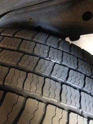 Tire showing where is was repaired. Not by Midas as they refused to fix it.  They wanted to sell me a new set of tires.