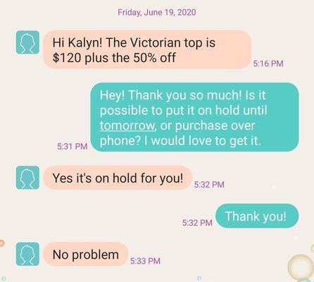 Text screenshot between a employee and myself confirming the price.