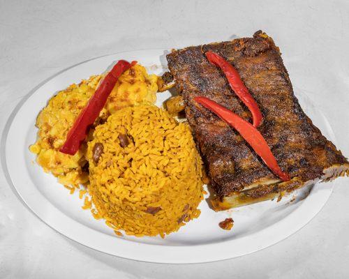 Pork ribs rice and beans Mac and cheese