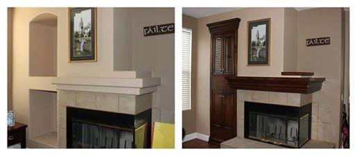 Fireplace mantle and liquor cabinet transformation.