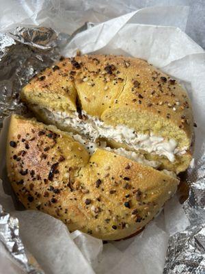 egg everything bagel toasted with olive pimiento cream cheese