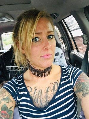 Fresh choker tattoo, words saying " Mile High Madness".