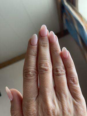 Acrylic fill with pink gel polish. Almond shape with slight taper.