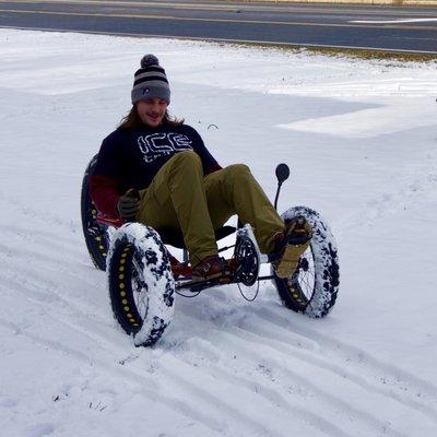 Matt putting a fat tire trike through its paces in the snow.