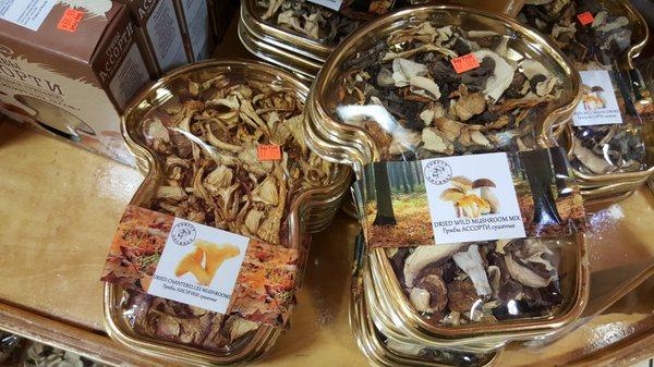 They have dried wild mushrooms! By the corner of the dessert section in the back past the wall of coffee beans and tea.