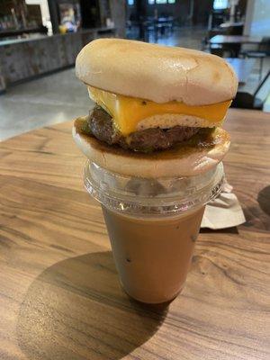 Bagel sandwich and an iced butterscotch latte