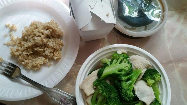 Chicken and brocolli special diet dish with brown rice and garlic sauce. Yummy!