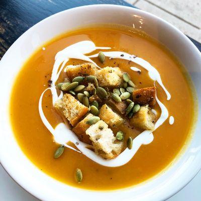 Butternut Squash-Apple soup w/croutons and Pepitas (part of a daily special)