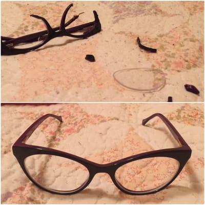 Before- my dog chewed my glasses After- brand new pair of glasses thanks to Americas best