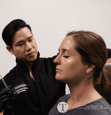 Dr. Edward Tangchitnob performing a Vampire Facelift with Restylane Lyft, platelet rich plasma and Restylane Silk to the lips and cheeks.