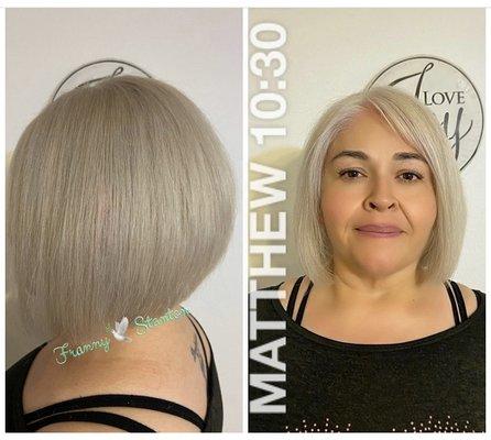 Double process bleach and tone. Lightner added twice for maximum lift. Toned to platinum at shampoo bowl.