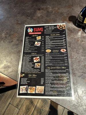 Dine in menu