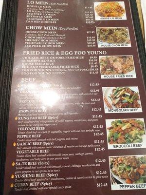 Menu: Lo mein/chow mein/fried rice/beef page. Sorry about the glare.