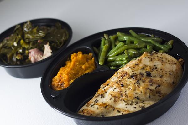 Fresh grilled chicken entree w/ whipped yams, string beans, and collard greens(w/smoked turkey)