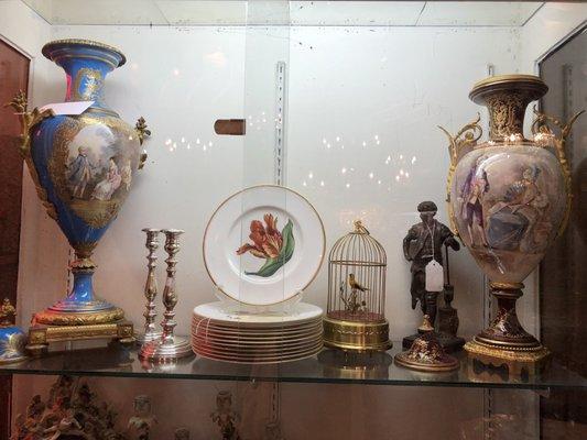 H/h dishes ,sterling candle sticks , antique bird cage, Sevres large h/p urns