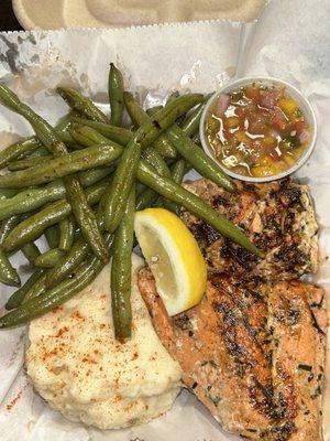 Wild caught sockeye salmon, Roasted garlic mash potatoes and French green beans,