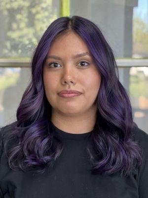 Jacqueline (707)315-4757 Purple balayage highlights and layered cut