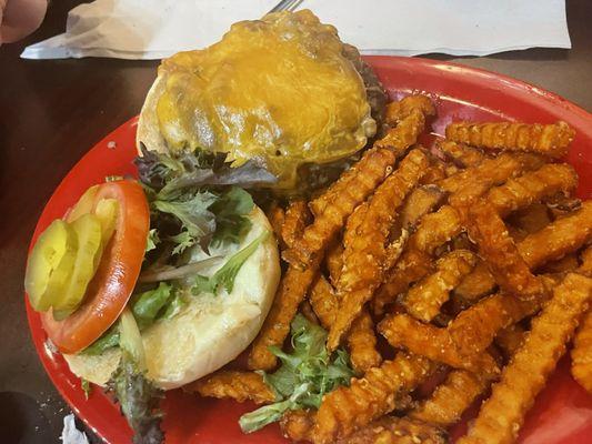 B&J burger with sweet potato fries