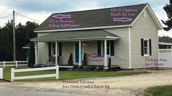 2017 Medical Touch Massage, 6132 Litle Creek Church Road, Clayton, NC 27520 - Annotated Image of Office with Directions