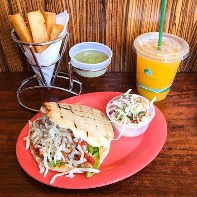 Spicy Chicken Catira Arepa, a Side of Yuca Fries and a Passion Fruit Fresca. #DustinEatsSF