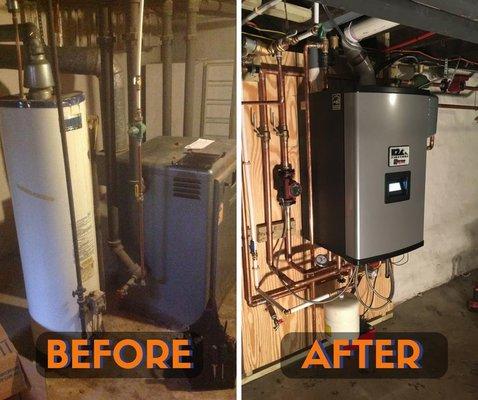 LESS is MORE! This old water heater and gas boiler were both replaced by a brand new gas boiler system installed on the wall.