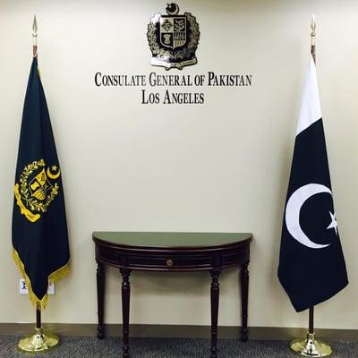 Flags on display in the Consulate General of Pakistan