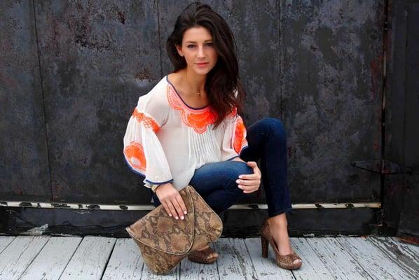 This stunning Plenty by Tracy Reese top pairs well with jeans and boots now, later, wear it with denim cut-offs.