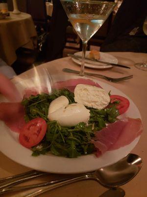 Burrata, prosciutto and arugula appetizer