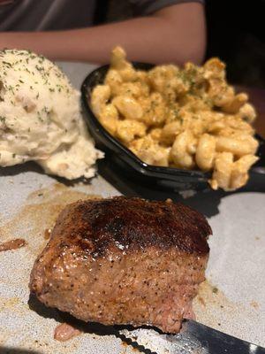 Sirloin with mashed potatoes and macaroni and cheese