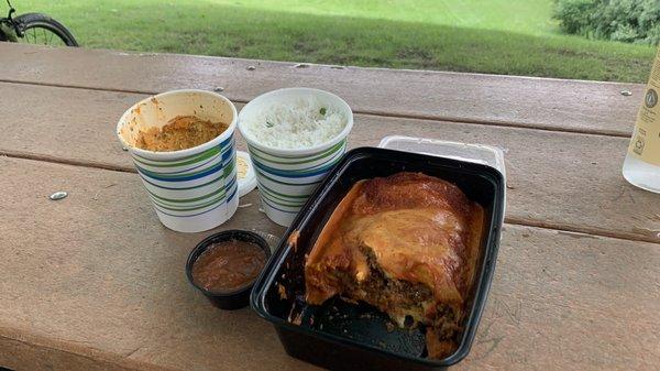 Chicken Tikka Masala(left), Beef bean & cheese burrito(right).