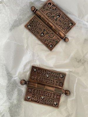 Eastlake hinges in antique copper