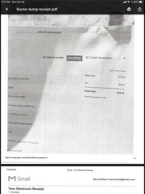 Sat. Picked up trailer, took Sunday to dump?  They put ceiling fan etc in from different job. What else got put in? Charged 100%+15%??