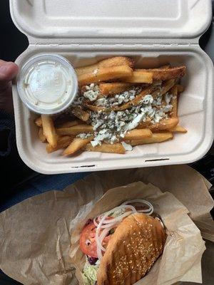 Greek Fries and falafel Sandwich. Lots of food!