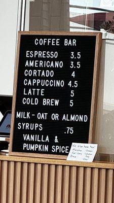 Coffee bar menu