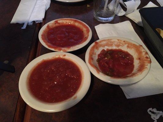 Three types of salsa. Two chunky, one spicy one not. And a gross sweet salsa.