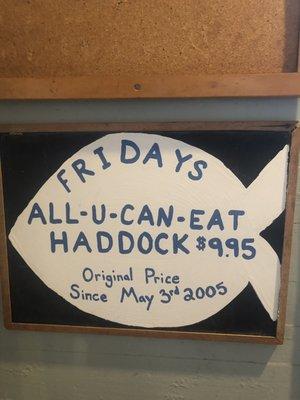 Sign inside diner for Friday night fish night