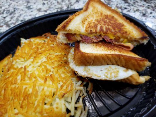 Bacon, egg, and cheese Texas Melt. Absolutely delicious! Perfectly buttered and toasted, super cheesey, and full of flavor.