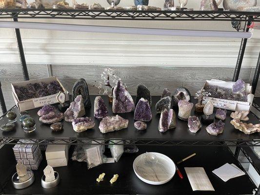 Amethyst and other crystal clusters