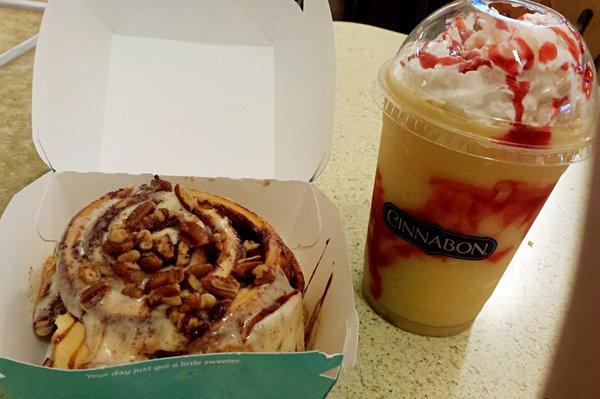 Classic Cinnabon ($3.89) with pecans (+$0.50) and a small Tropical Blast Chillata ($3.99), $9.08 after tax.