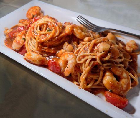 Special Homemade Pasta with Shrimp and Scallops. Took home more than HALF Yummy.