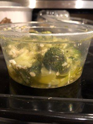 "Steamed broccoli" heavily laden with oil, strong lemon taste & garlic. The florets & stalks were small & soaking for awhile in the oil.