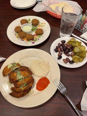 Breaded Eggplant, Pickles & Olives, Falafel