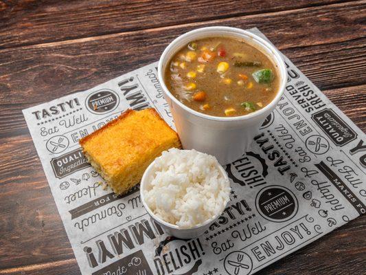 Vegetarian Gumbo with rice and cornbread