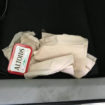 the rest of our glove box contents were under the seat and paper towels they left scattered in the car.