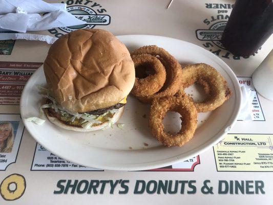 Burger, onion rings