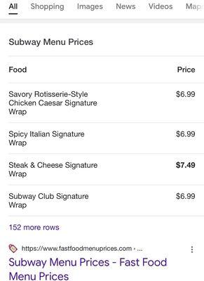 Subways prices when I looked it up online.